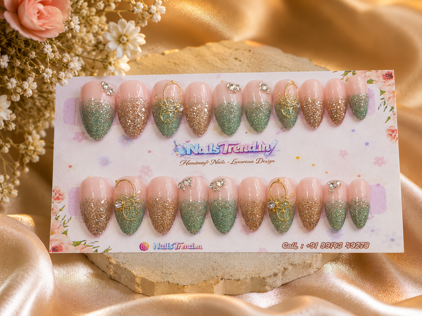 NailTrend® Luxurious Press On Nails for Women & Girls | Set of 20 Fake Nails | Artificial Nail Extensions Press On Nails with Glue | Reusable Trendy Nail Art for Women & College Girls | Stick-On False Nails for Wedding, Party, Festival, College & Daily Wear