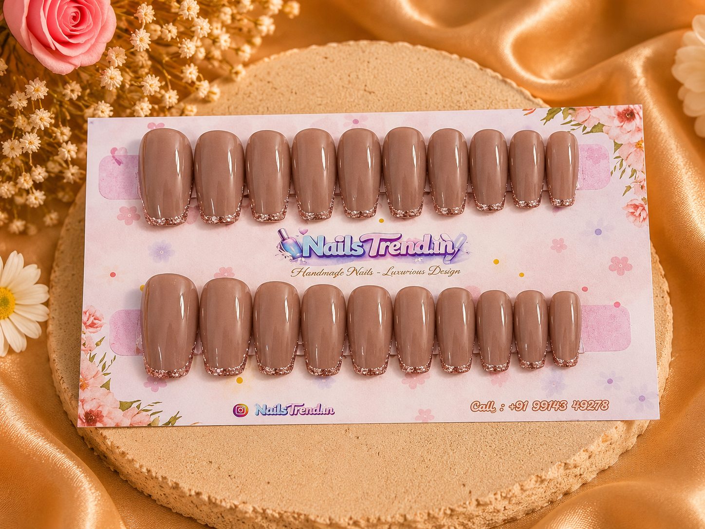 Luxurious Press On Nails - NailTrend®| Set of 20 Reusable Fake Nails in Square Shape | Dark Peach Colour
