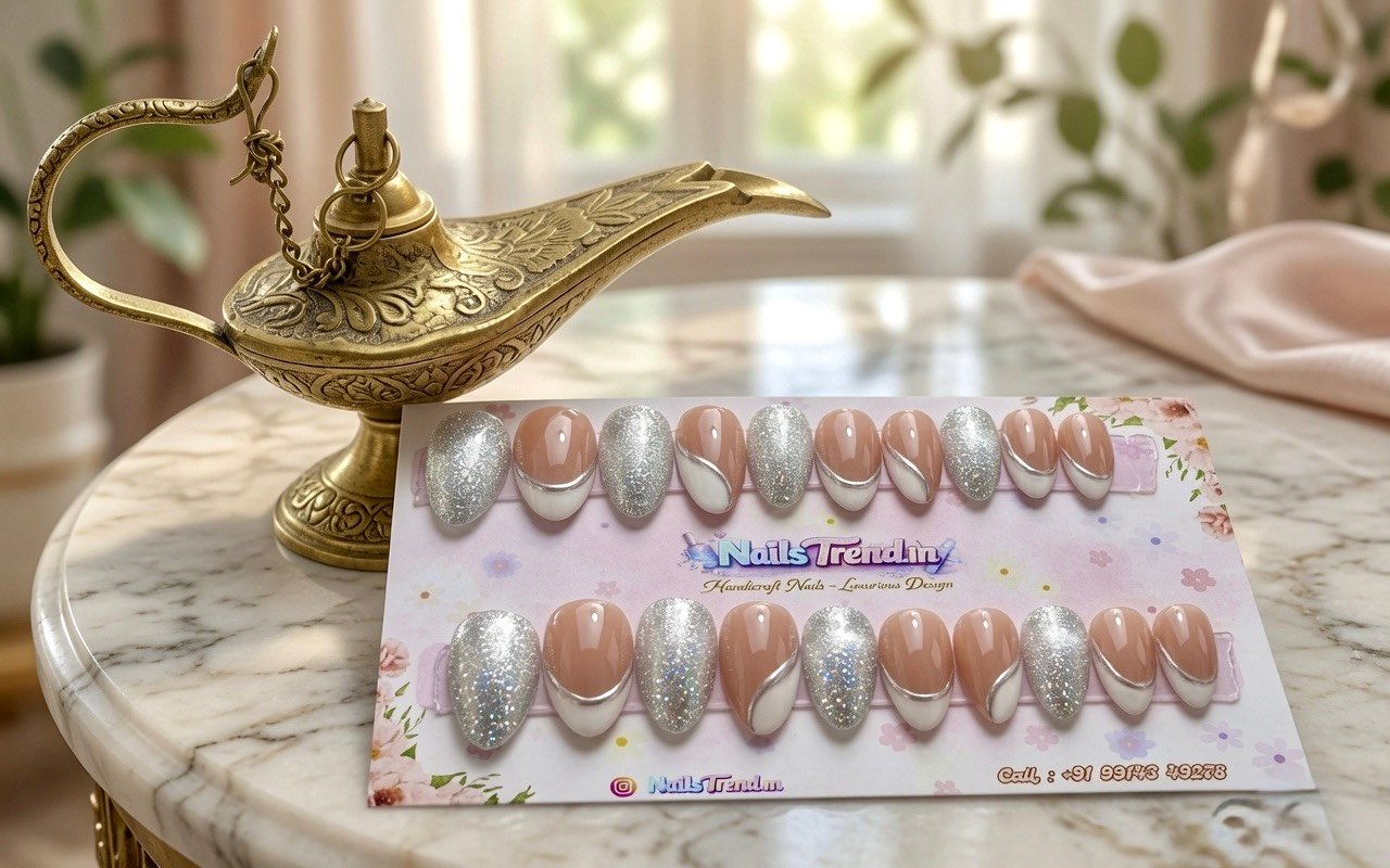 NailTrend® Luxurious Press-On Nails for Women and Girls | 20 Fake Nails | Artificial Nail Extensions Press-On Nails with Glue | Reusable Trendy Nail Art for Women and College Girls | Stick-On False Nails for Everyday Use, Festivals, Weddings, and Parties